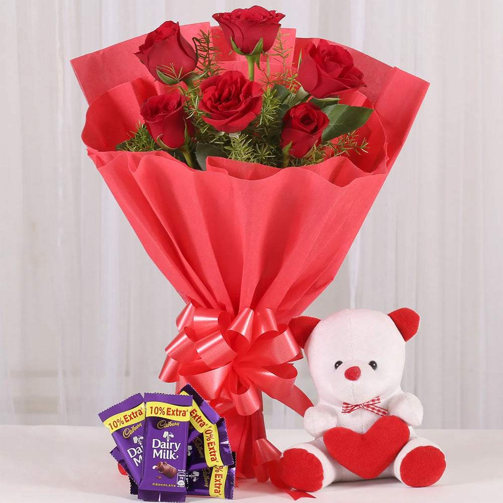 Anniversary Special Rosy Love Affair- Teddy Bear & Chocolates