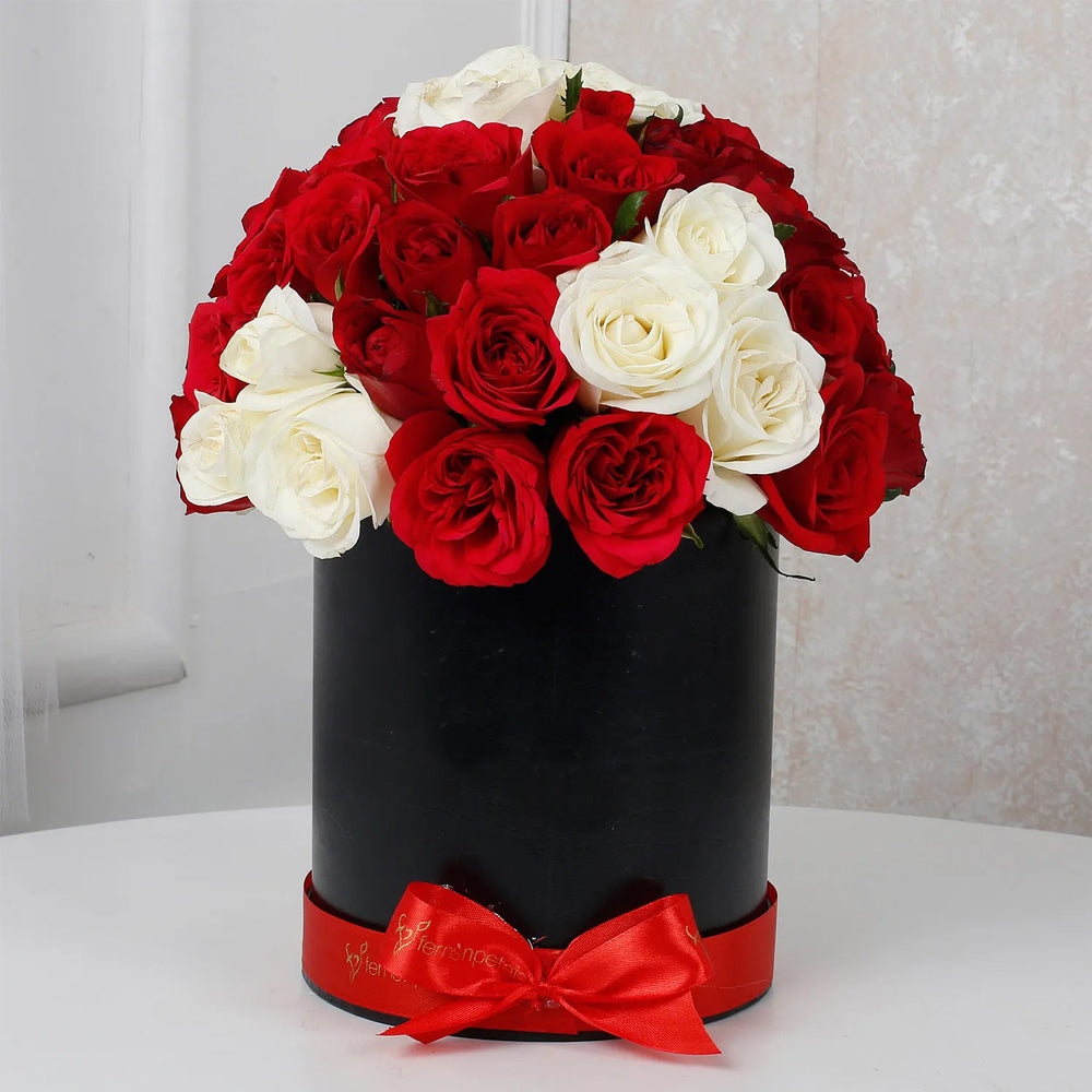 White & Red Roses Box Arrangement