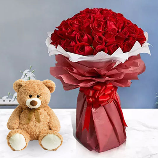 Majestic Roses Bouquet And Teddy