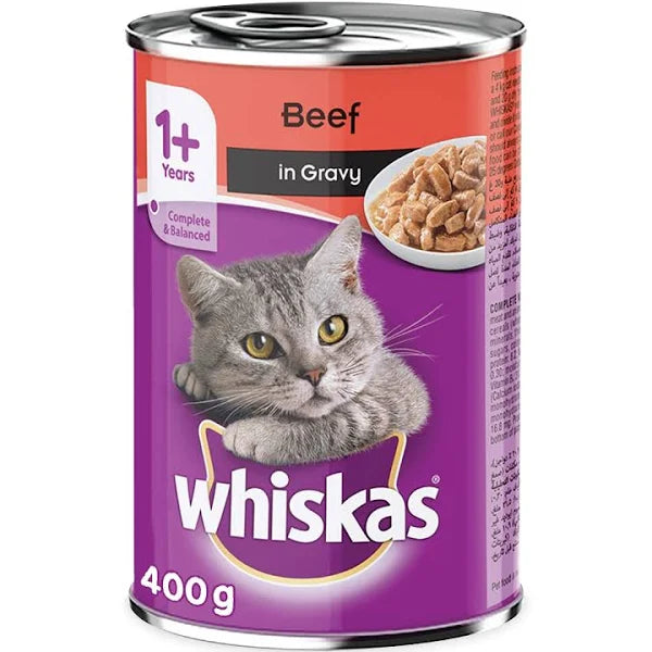 Whiskas Beef in Gravy Can, Wet Cat Food, for 1+ Years Adult Cats, Ingredients, Enriched with Proteins, Vitamins & Nutrients, a Complete Balanced Nutrition 400g