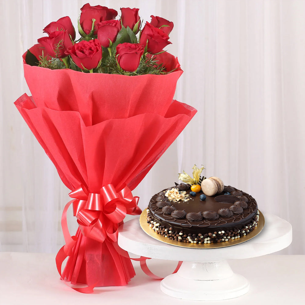 Red Roses with Cake Standard - Birthday Bundle