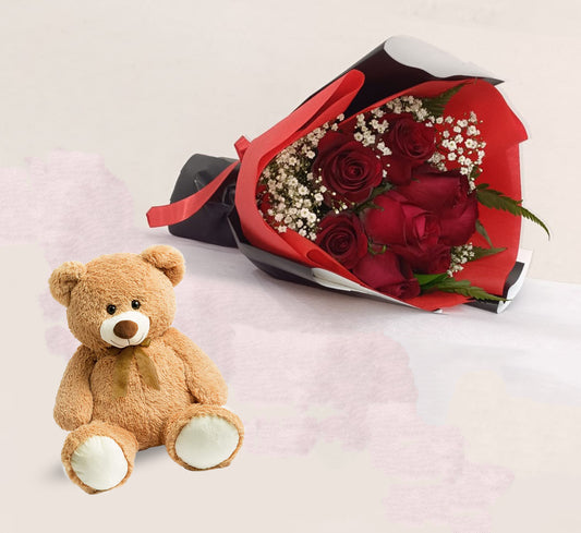 Elegant Red Rose Bouquet and Teddy