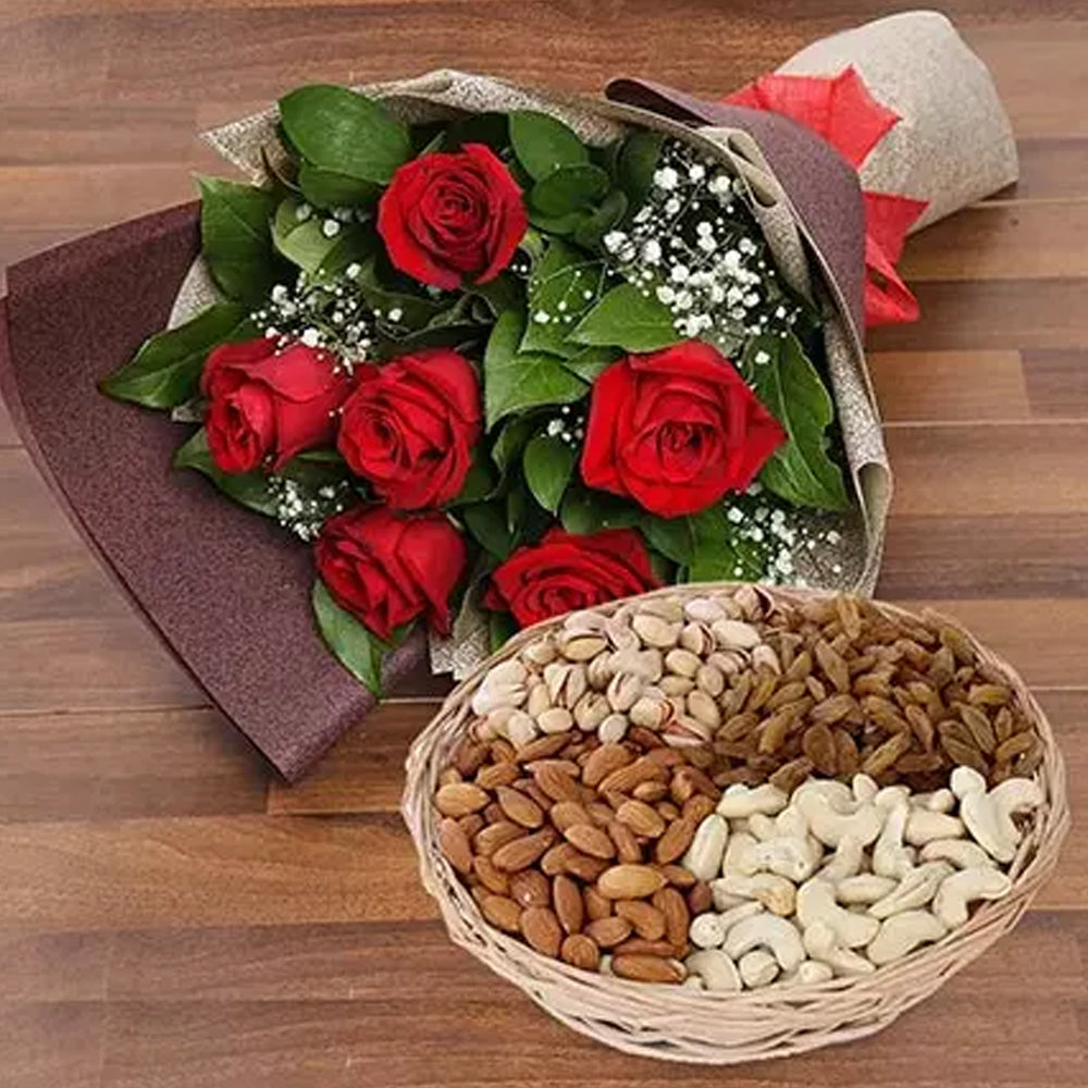 Onam - 6 Red Roses Bouquet With Dry Fruits