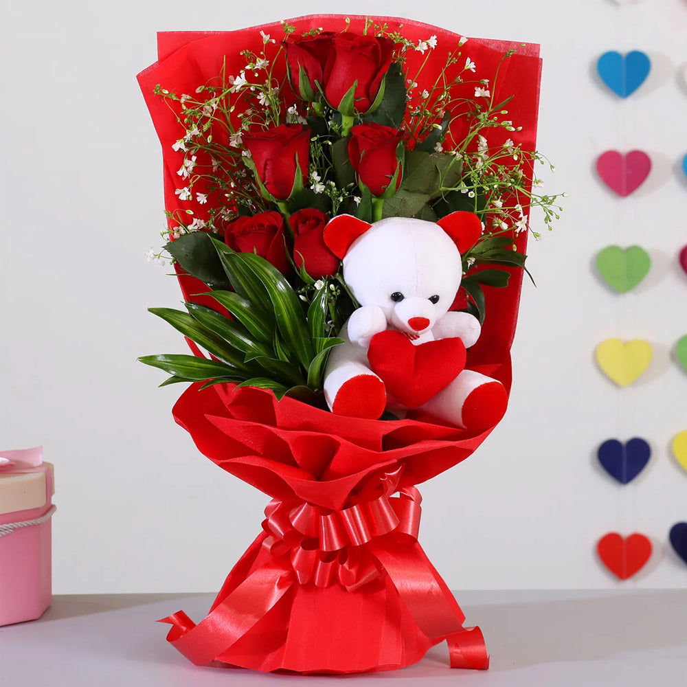 Mother's Day - Bunch Of 6 Red Roses & Teddy Bear Combo
