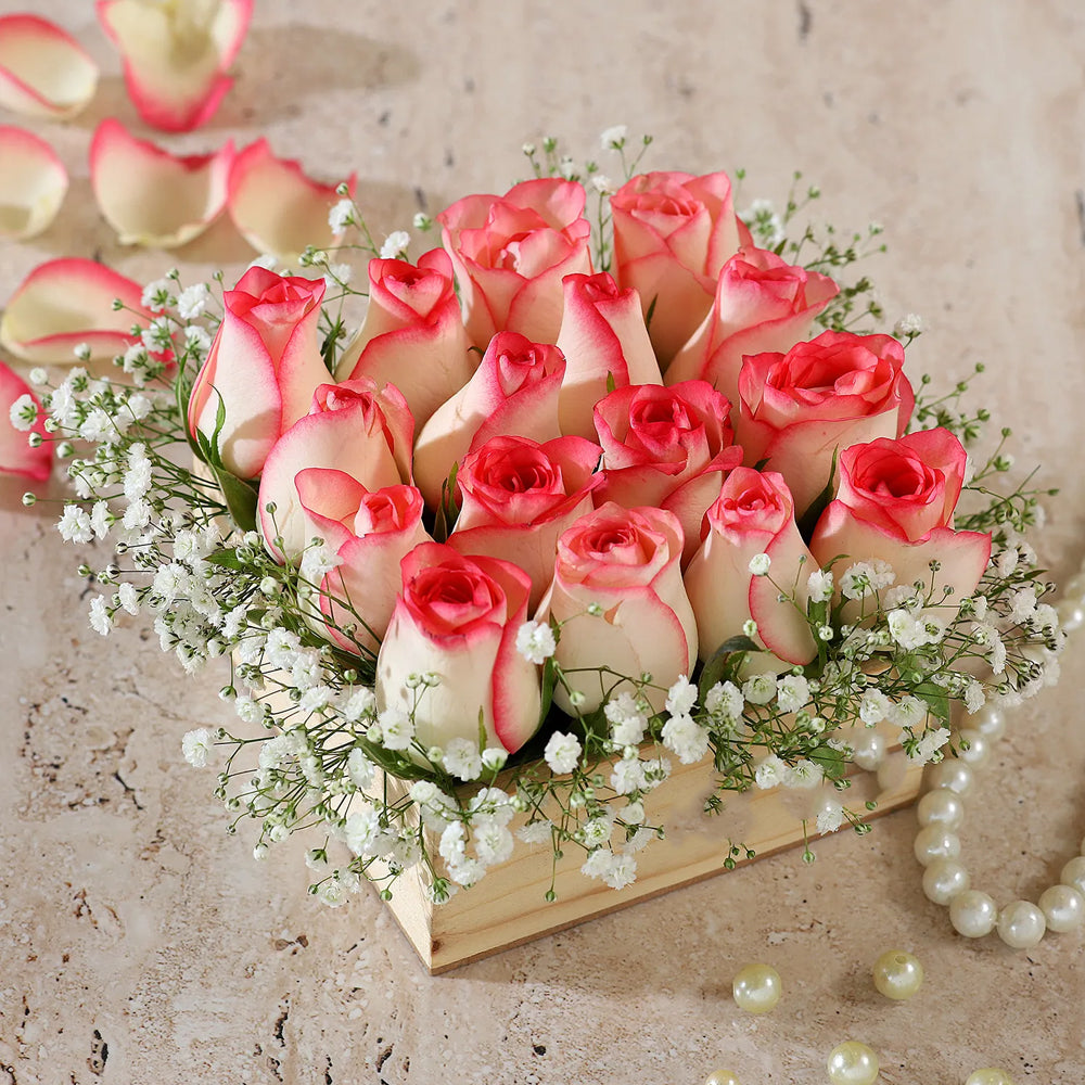 Womens Day Special - Pink Roses Arrangement In Wooden Base
