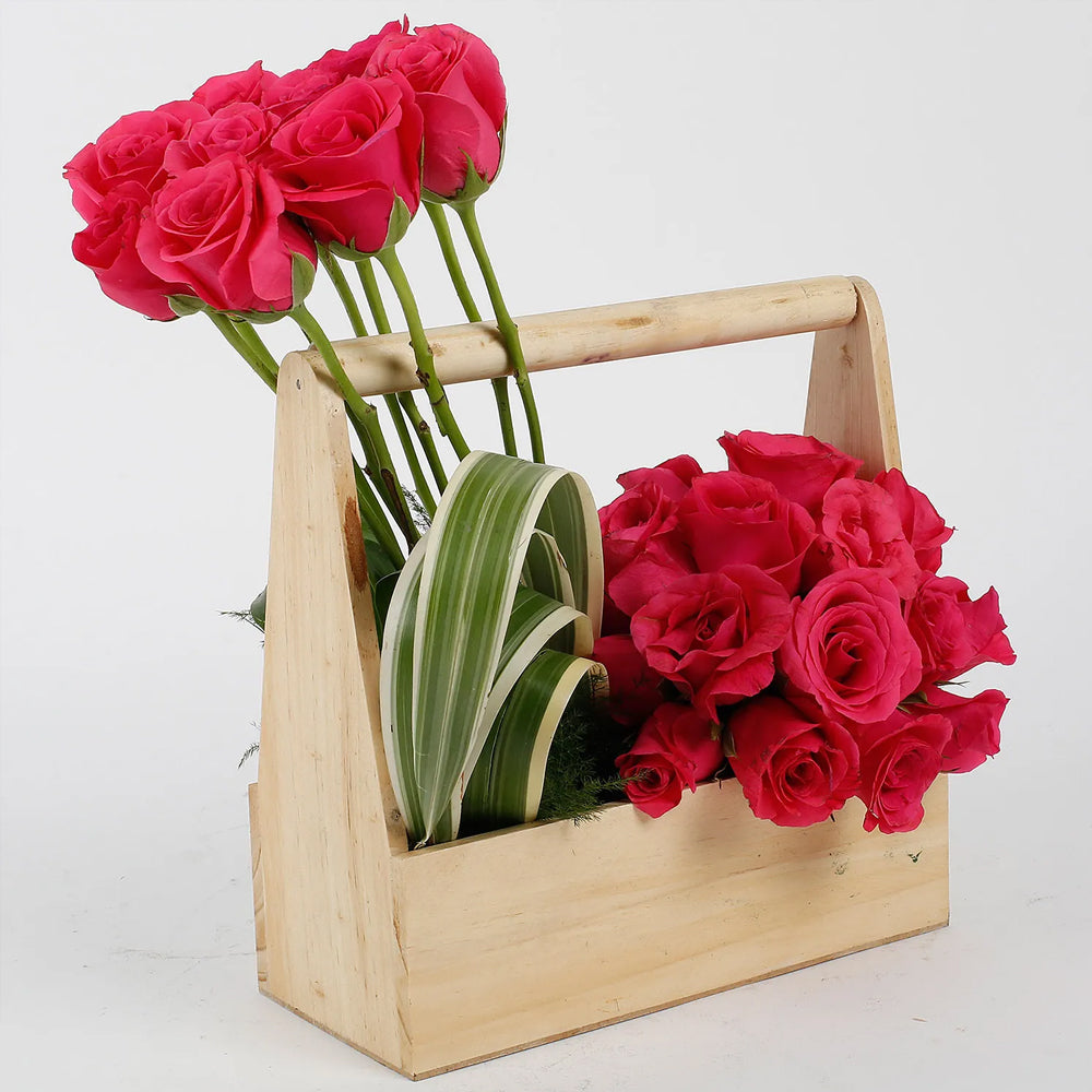 Friendship Day - Dark Pink Roses Wooden Basket Arrangement