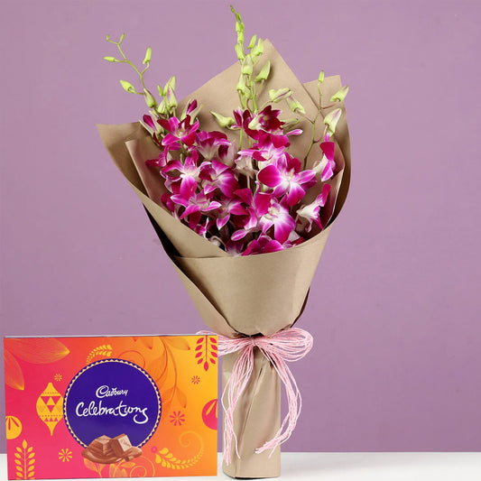 Friendship Day - Purple Orchids Bouquet & Cadbury Celebrations