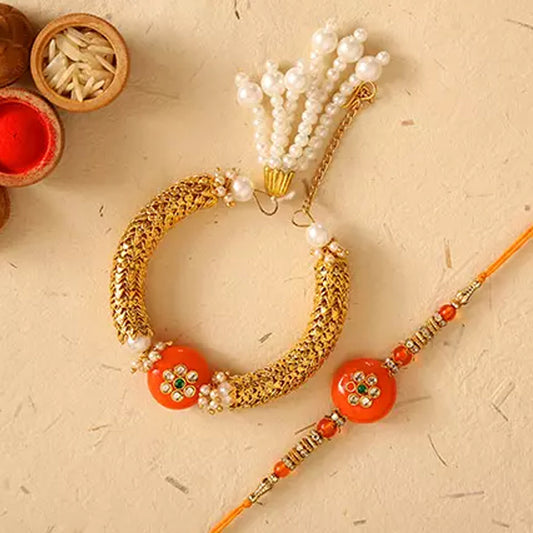 Rakhi - Orange Pearl And Lumba Rakhi Set