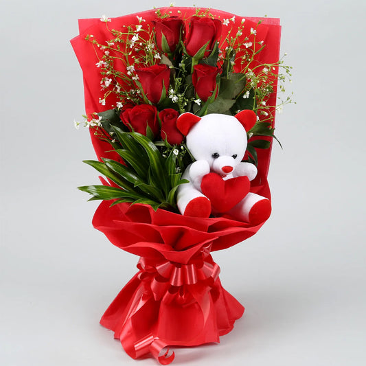 Womens Day Special - Bunch Of 6 Red Roses & Teddy Bear Combo