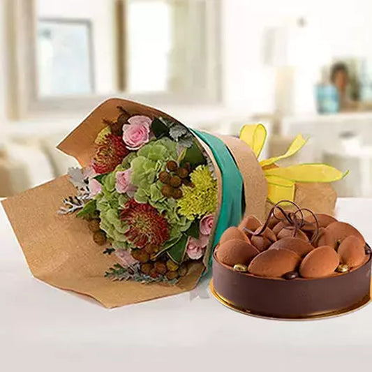 Ramadan - Delightful Flower Bouquet With Tiramisu Cake