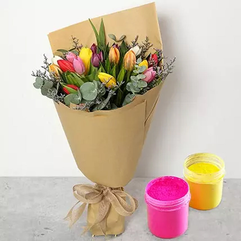 Holi - Beautiful Tulips Bouquet with Holi Colors