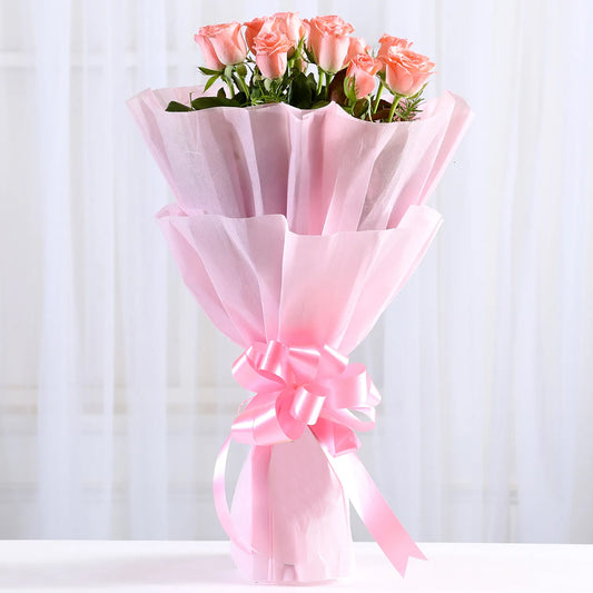 Womens Day Special - 8th March - Endearing 8 Pink Roses Bouquet