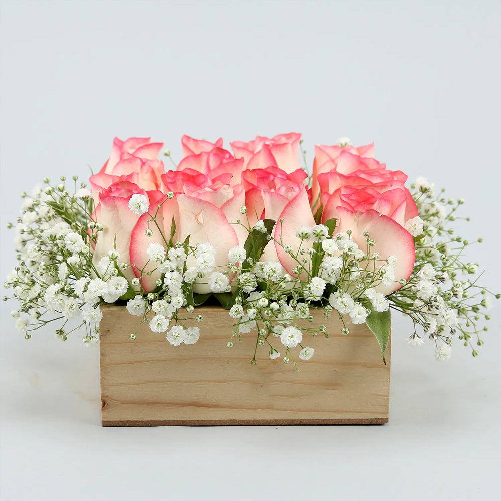 Womens Day Special - Pink Roses Arrangement In Wooden Base