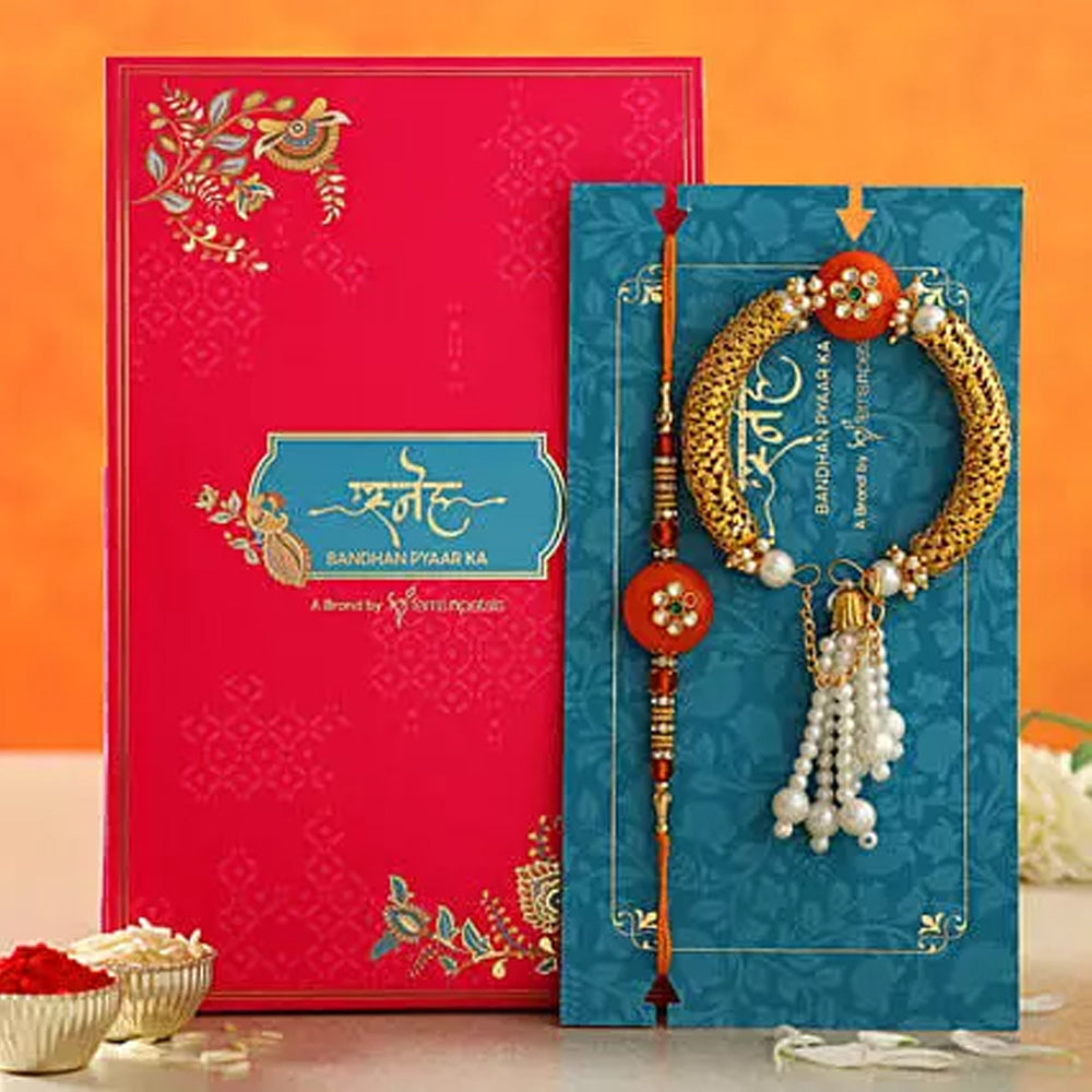 Rakhi - Orange Pearl And Lumba Rakhi Set