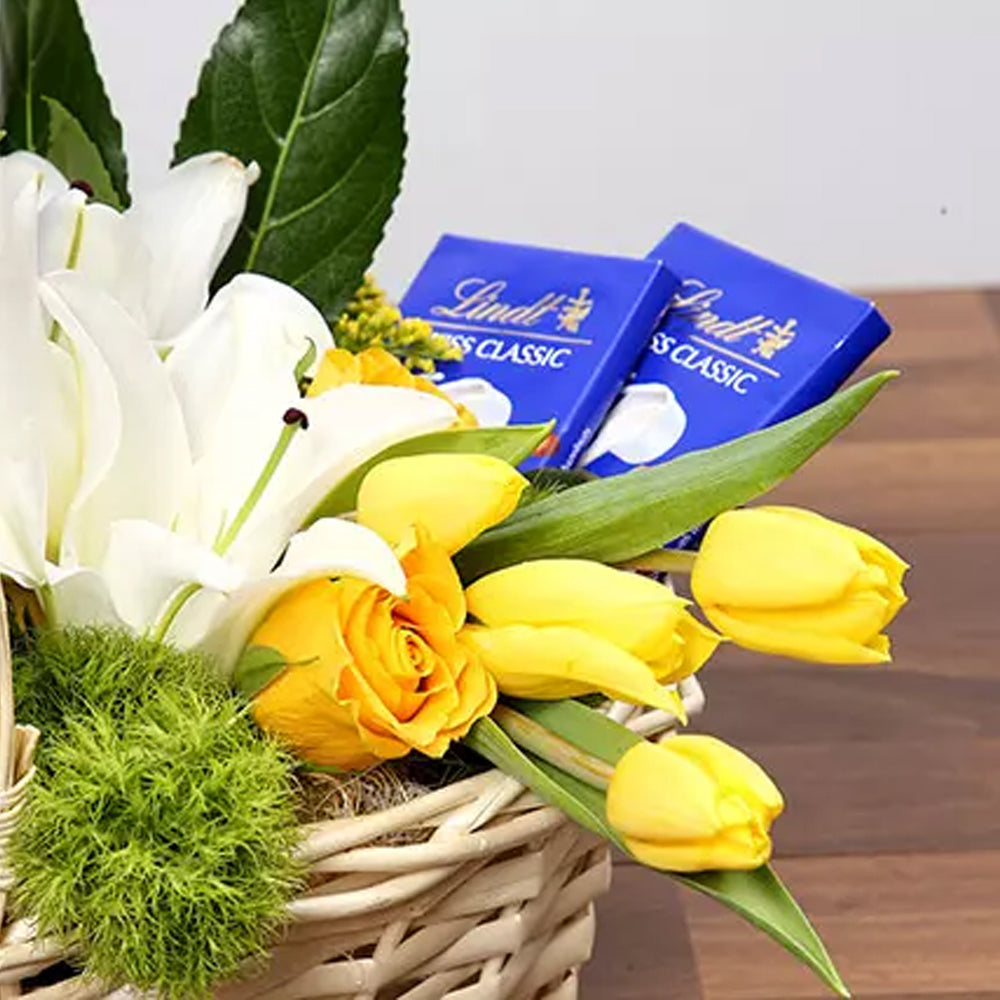 Easter - Yellow and Blue Floral Basket With Chocolates