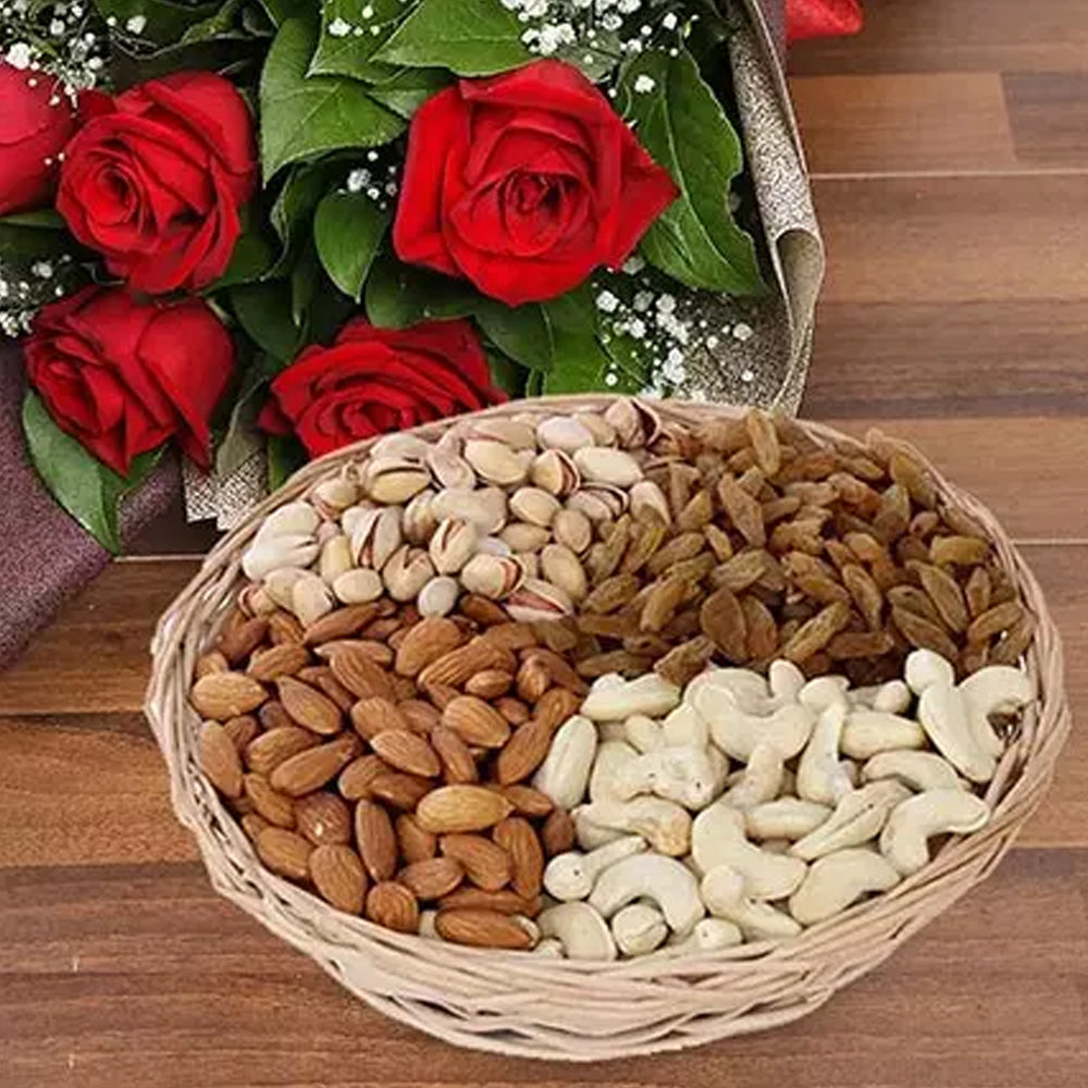 Onam - 6 Red Roses Bouquet With Dry Fruits