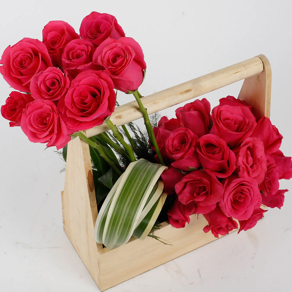 Friendship Day - Dark Pink Roses Wooden Basket Arrangement