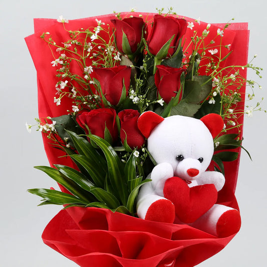 Bunch Of 6 Red Roses & Teddy Bear Valentines combo