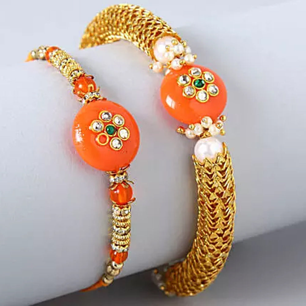 Rakhi - Orange Pearl And Lumba Rakhi Set