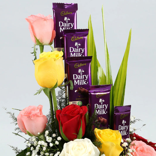 Mixed Roses Arrangement With Dairy Milk Chocolates