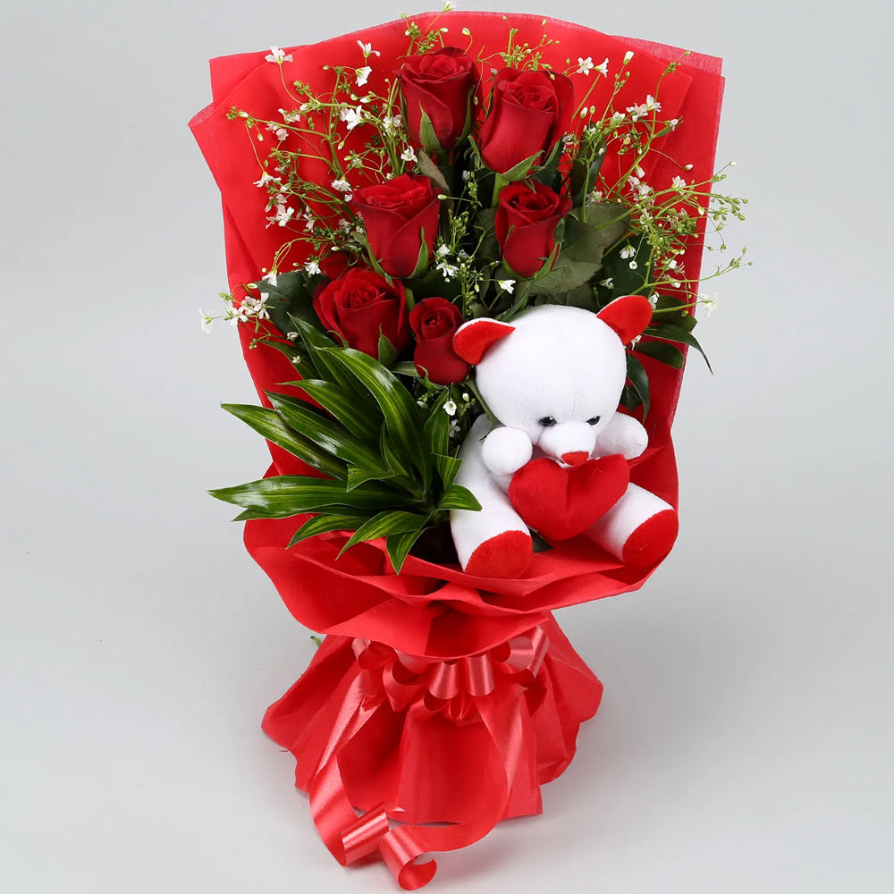 Mother's Day - Bunch Of 6 Red Roses & Teddy Bear Combo
