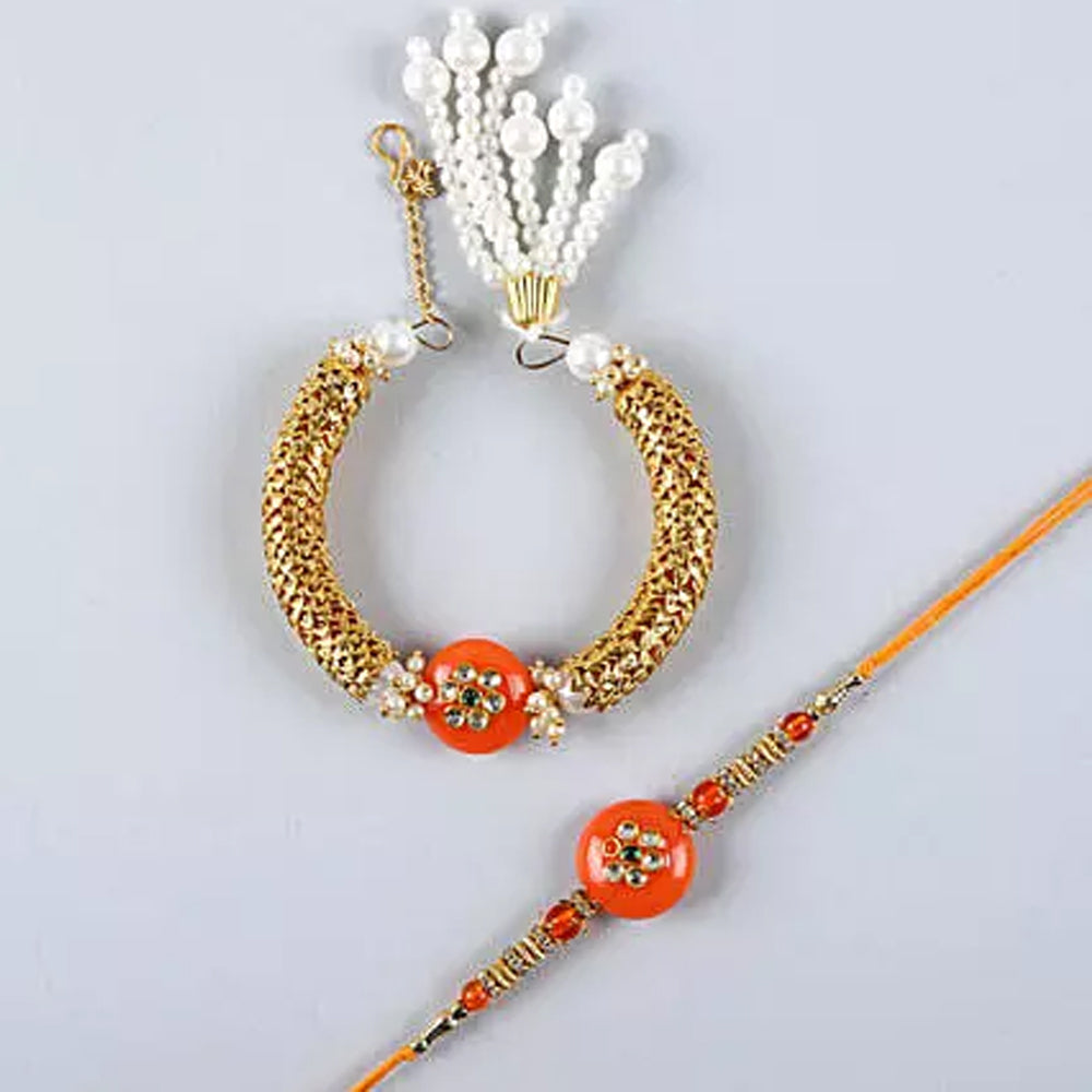 Rakhi - Orange Pearl And Lumba Rakhi Set