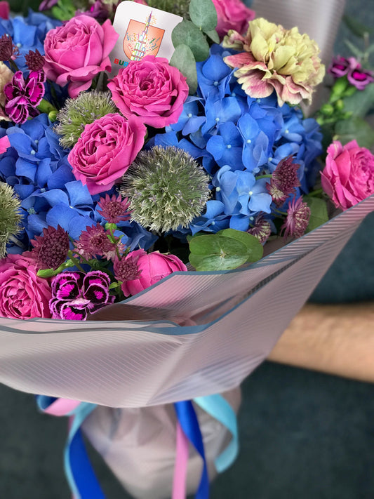Bouquet of Blue , Pink Baby Rose and Cornish