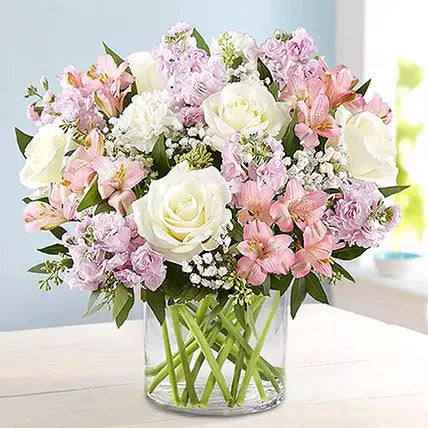 White and Pink Floral Bunch In Glass Vase